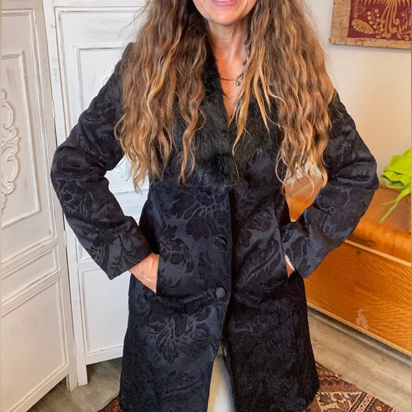 Vtg Y2K Black Coat Tapestry Brocade Faux Fur Goth Merona Pockets Punk Holiday S - Picture 3 of 12